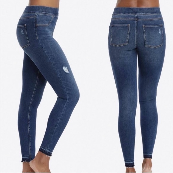 SPANX Blue Distressed Denim Cotton Blend Jean Leggings Raw Hem Size Large - Picture 1 of 13